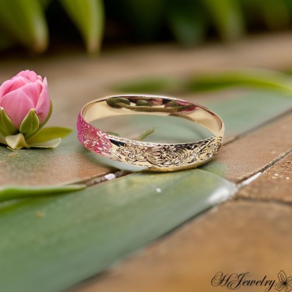 10mm Gold Plumeria Scroll Bangle Bracelet